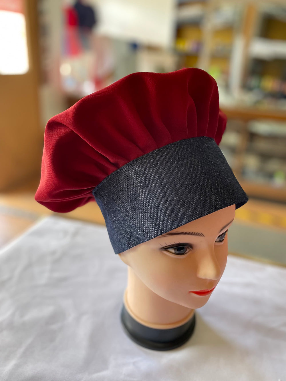 Gorro de cocina - diseño champiñon - unisex - burdeos y mezclilla