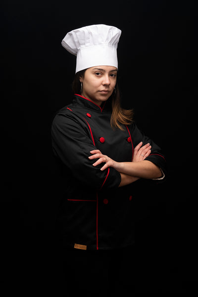 Chaqueta de cocina - negra - mujer - botones rojos