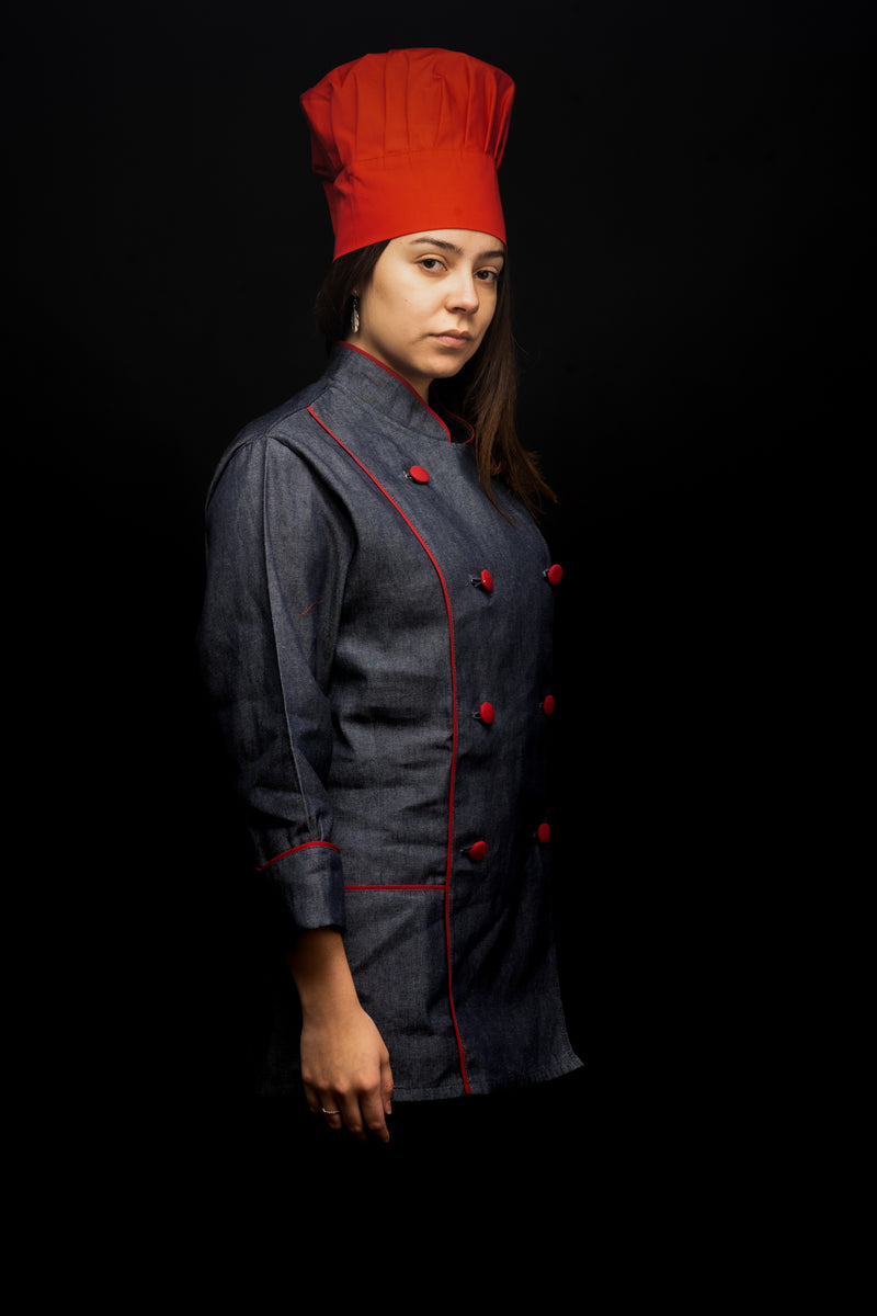 Chaqueta de cocina - mezclilla - mujer - botones rojos