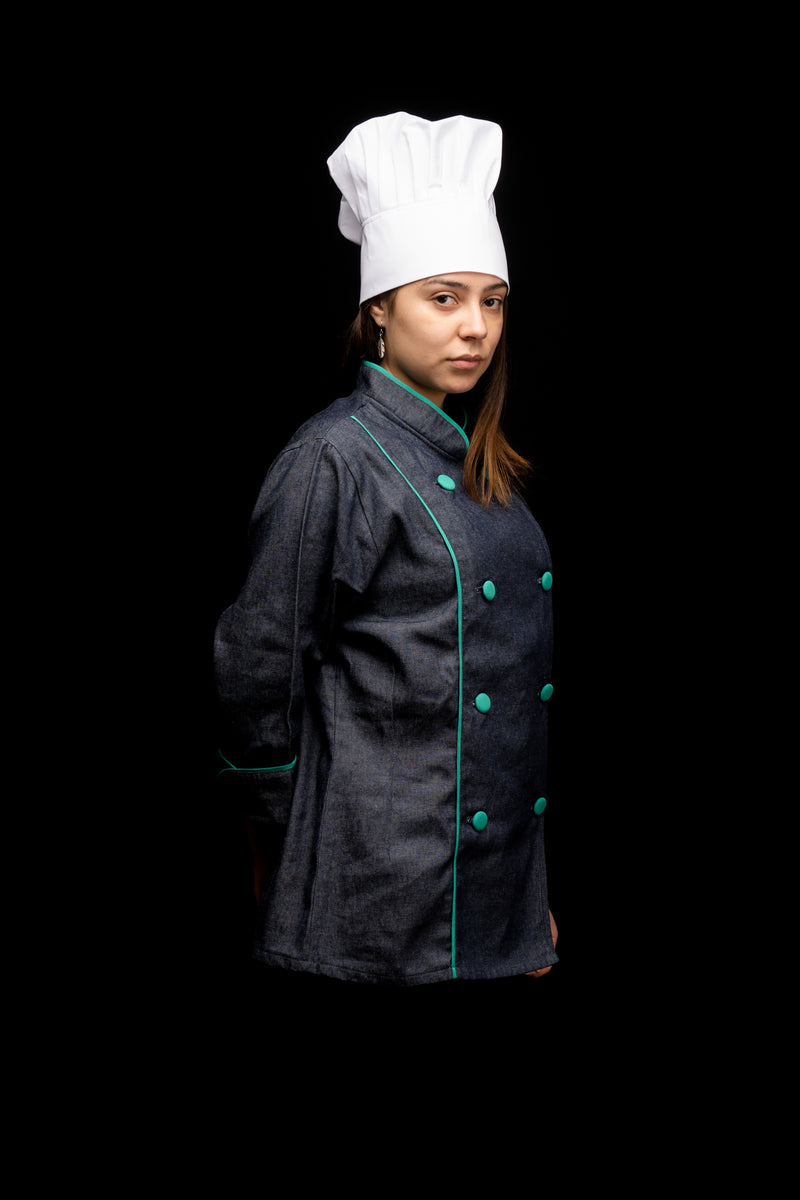 Chaqueta de cocina - mujer - mezclilla - botones esmeralda