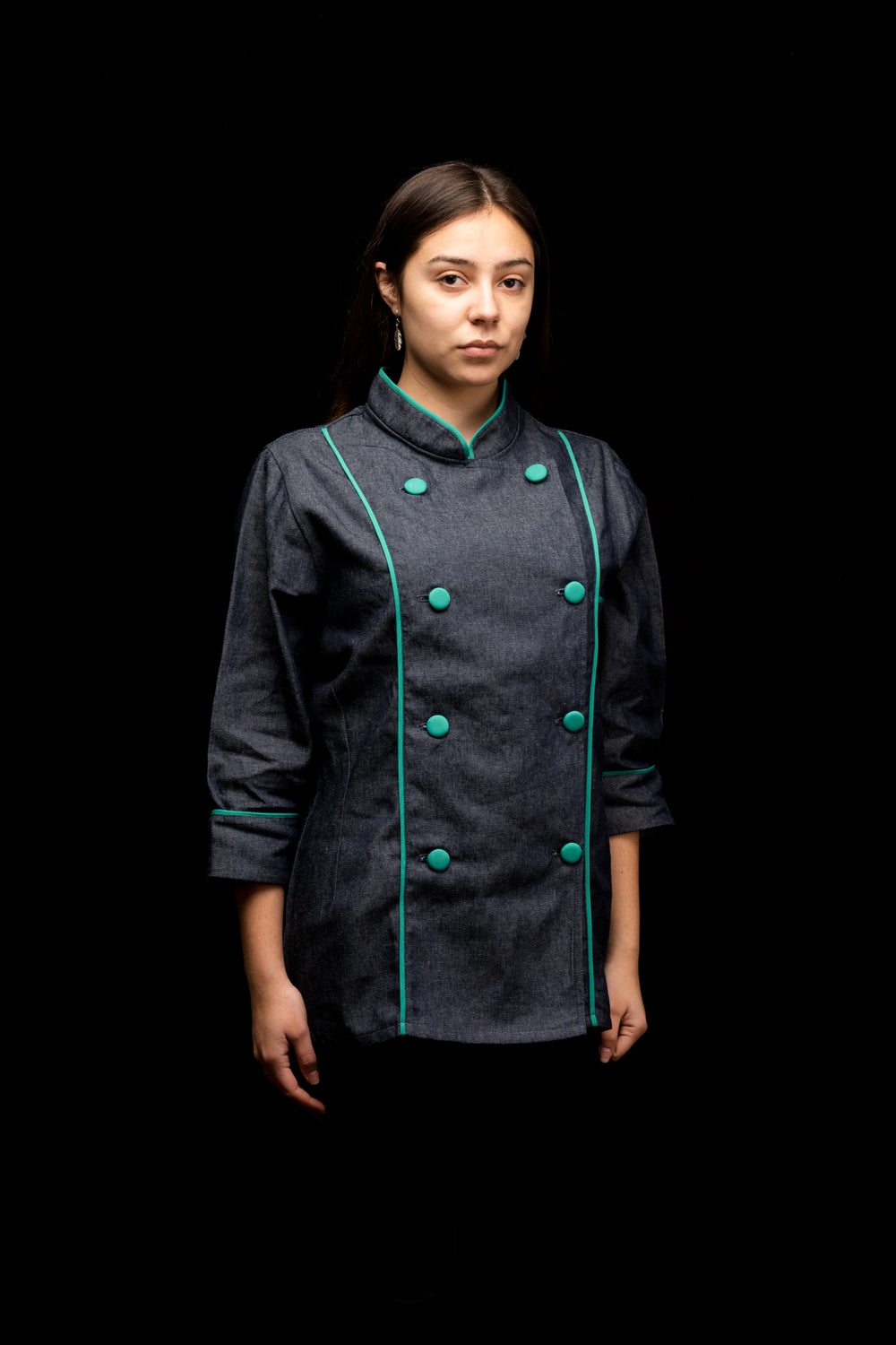 Chaqueta de cocina - mujer - mezclilla - botones esmeralda