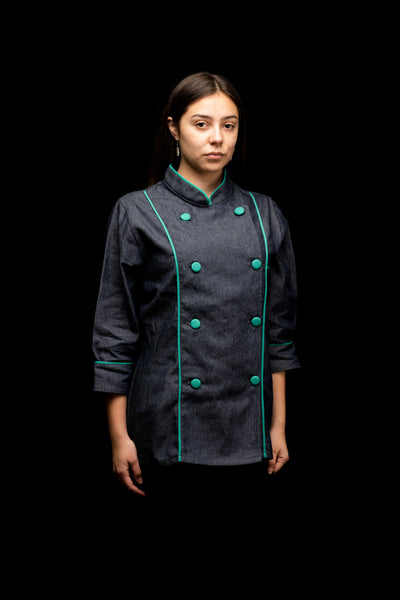 Chaqueta de cocina - mujer - mezclilla - botones esmeralda