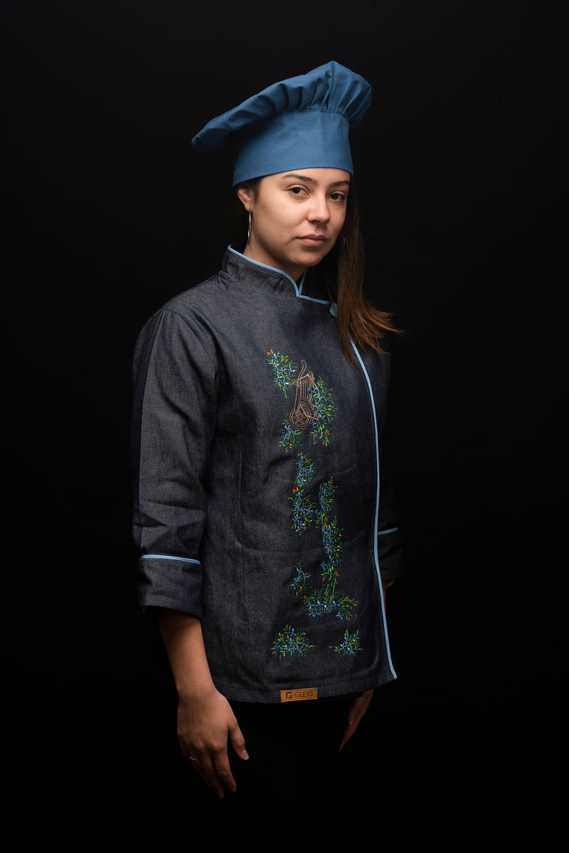 Chaqueta de cocina - mezclilla - mujer - flores bordadas - Branch