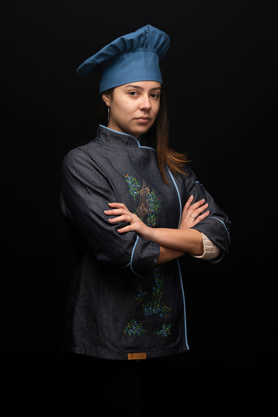 Chaqueta de cocina - mezclilla - mujer - flores bordadas - Branch