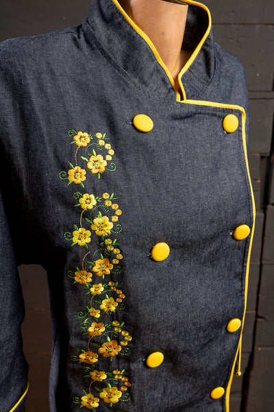 Chaqueta de cocina - mezclilla - mujer - flores amarillas