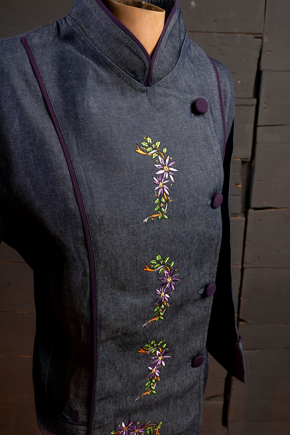 Chaqueta de cocina - mezclilla - flores - lavender