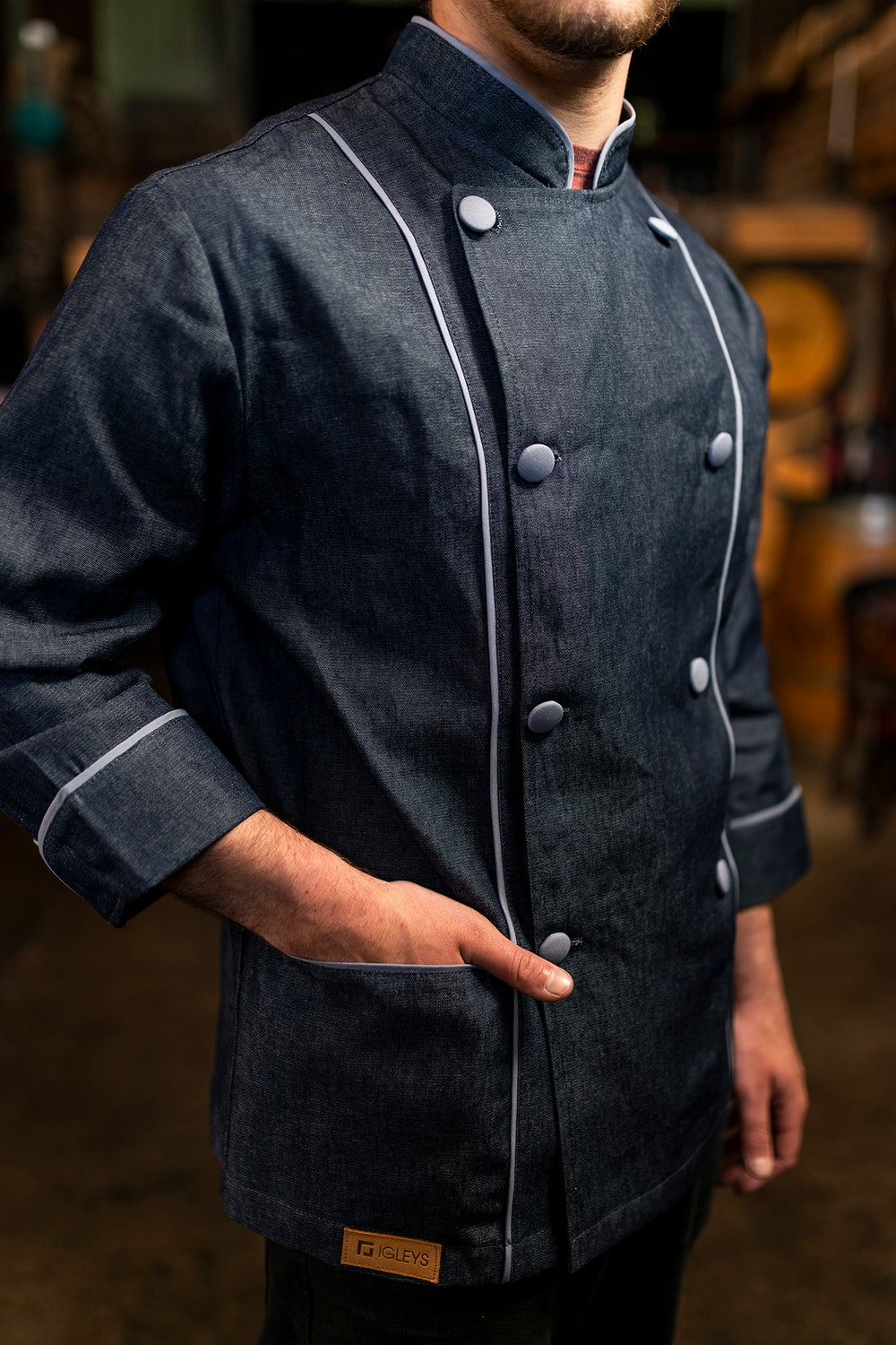 Chaqueta de cocina mezclilla hombre botones grises