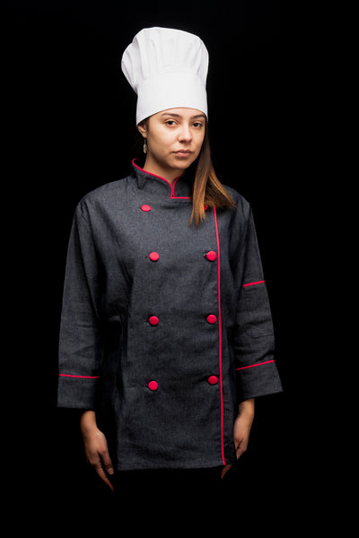Chaqueta de cocina - mezclilla - mujer - botones fucsia