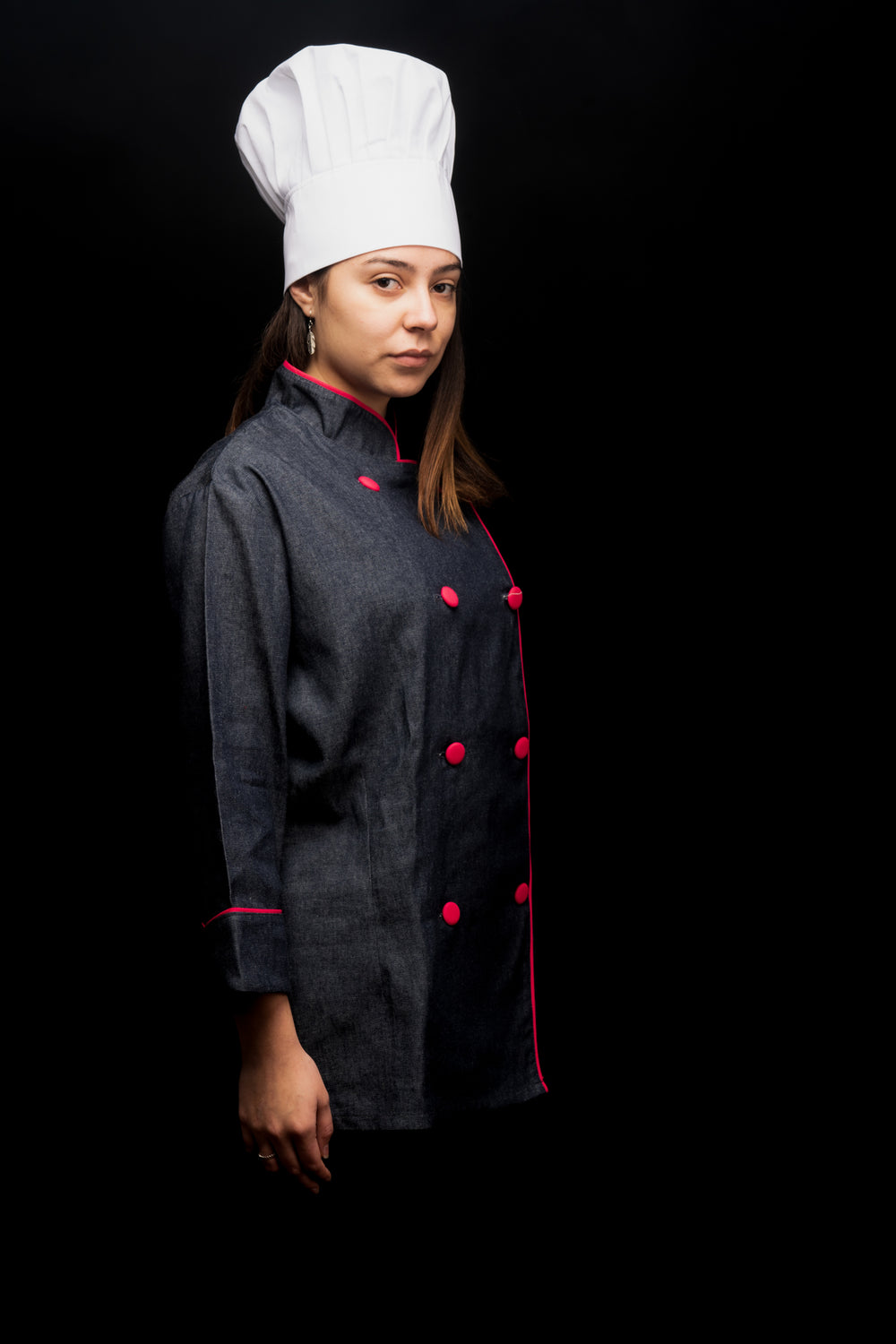 Chaqueta de cocina - mezclilla - mujer - botones fucsia